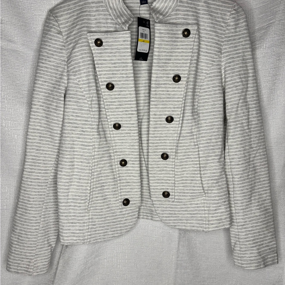 Tommy Hilfiger Women's Striped Double-Breasted Knit Blazer - Cream & Light Gray